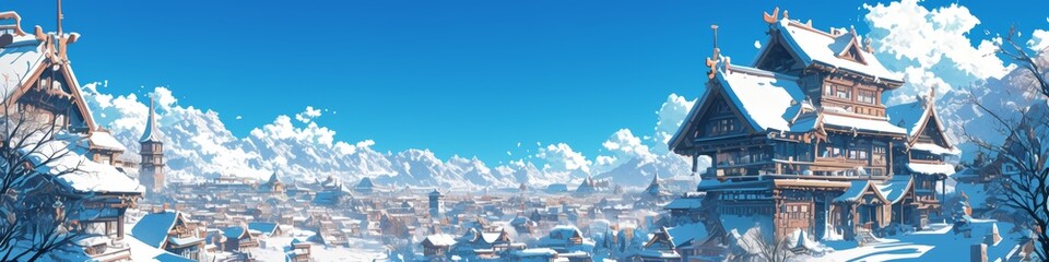 Enchanting Winter Cityscape: Anime-Style Illustration of Family Ice Skating Amidst Snowy Urban Wonderland. Whimsical Scene for Creative Marketing, Game Design, and Holiday Artwork.

