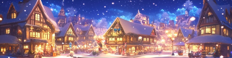 Obraz premium Enchanting Winter Cityscape: Anime-Style Illustration of Family Ice Skating Amidst Snowy Urban Wonderland. Whimsical Scene for Creative Marketing, Game Design, and Holiday Artwork.