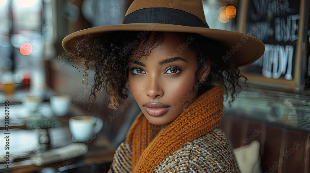 Canvas Prints portrait of a woman in a hat A stylish woman sitting in a cafe