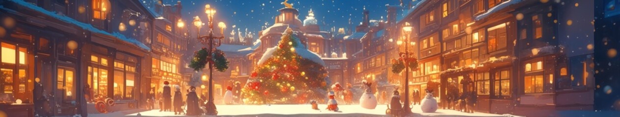 Obraz premium Enchanting Winter Wonderland: Anime-Style Cityscape Celebrating Christmas with Warm Decorations. Magical Blue-Toned Fantasy Scene for Creative Marketing, Game Design, and Holiday Artwork.