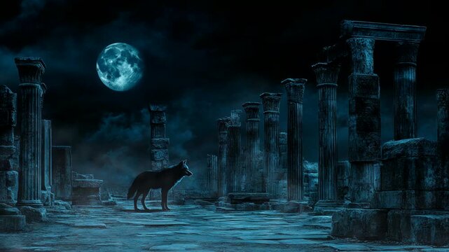 Wolf howling at the moon near ancient ruins under starry night sky. Seamless looping time-lapse video background.