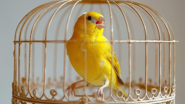 parrot in cage A sweet canary singing in a cage isolated on transparent