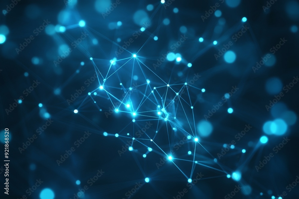 Poster an abstract blue background with a network grid and connected particles. sci-fi digital technology w