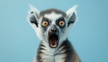 Fototapeta premium Lemur with Wide Eyes and Open Mouth Against Light Blue Background, Expressive and Alert