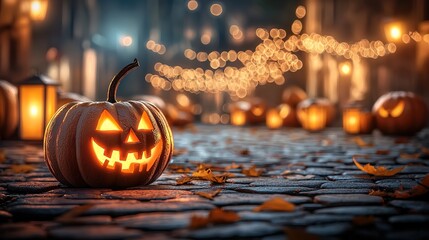 image of carved halloween pumpkin with glowing face on street background, halloween poster