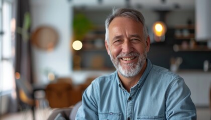 Obraz premium Smiling Man in Casual Attire in Brightly Lit Modern Room Space, Father's Day, Banner