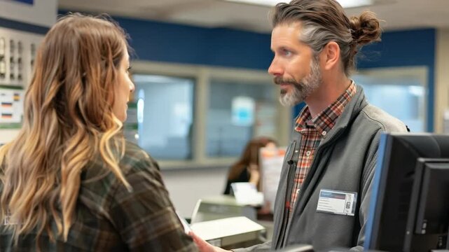 Bank teller assisting a customer at the counter, showcasing customer service in banking.