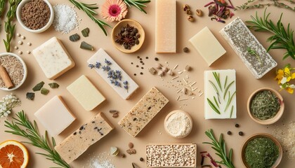 Natural Soap Bars and Ingredients on Beige Background, Flat Lay, Organic Products