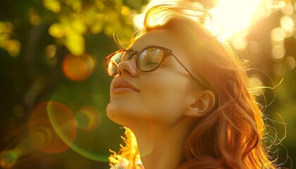Fototapeta premium Stunning Digital Portrait of Red-Haired Woman Wearing Glasses in Sunlit Setting
