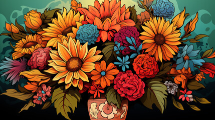 Bright Summer Floral Display Featuring Sunflowers Orange Daisies And Blue Hydrangeas In A Decorative Vase