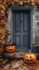 Obraz premium front door to house decorated with halloween pumpkins