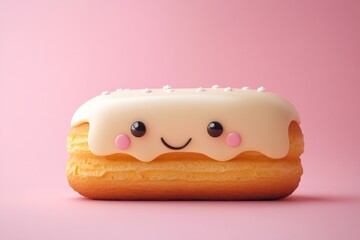 Smiling eclair with cream on top with face, 3d cartoon character on pink background. Copy space. Concept: animated food, cute character, sweet food