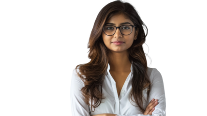 Young Indian woman isolated on transparent background who feels confident, crossing arms with determination.

