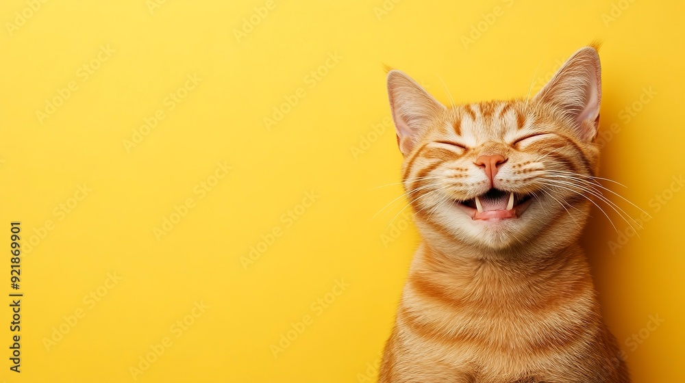 Poster a funny happy cat is laughing isolated on yellow background, horizontal banner, copy space for text