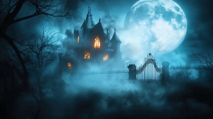 halloween poster, glowing pumpkins against the backdrop of a gothic castle, moon and cemetery with bats