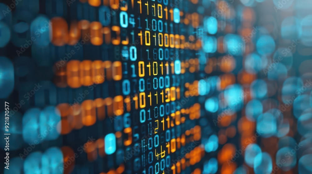 Poster dynamic digital background showcasing vibrant binary code in blue and orange hues, representing tech