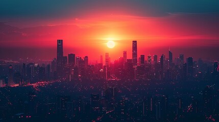 Fototapeta premium sunset over the city minimalist photo of a city skyline at sunrise 
