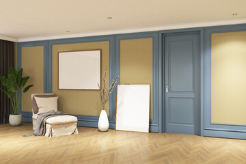 3d render of illustration interior design relax room with classic vintage style with frame mock up. Parquet floor, blue, yellow, wall and white ceiling. Set 9