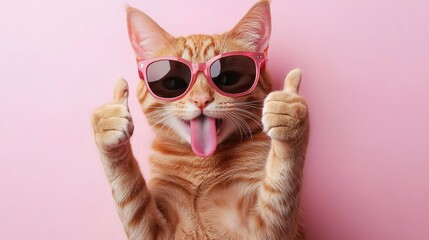 Playful orange cat with stripes, wearing cool sunglasses, sticks its tongue out and gives thumbs up with both paws, expressing approval or liking something, against soft pink background. 