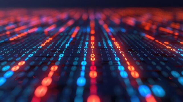 Dynamic digital background featuring colorful binary patterns in red and blue tones, perfect for tech and data visualizations.