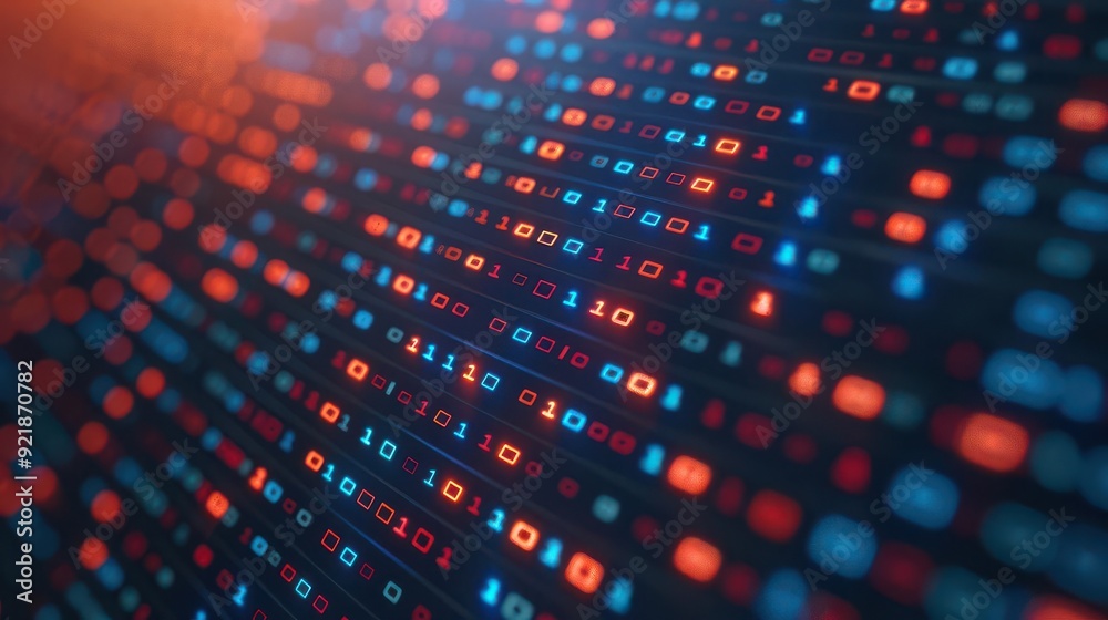 Poster vibrant digital data visualization with binary numbers in red and blue, representing technological i