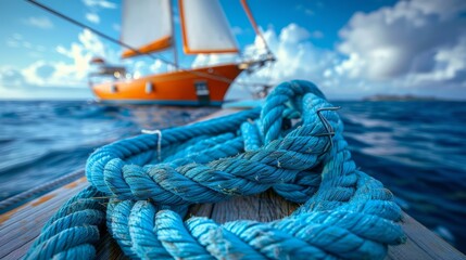 Obraz premium A turquoise rope rests on a weathered dock, with a colorful sailing boat gliding through the clear waters under a bright, blue sky