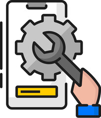 Mobile system maintenance and update line icon. Smartphone system maintenance technology, PC app service download linear vector icon with smartphone, cogwheel, and human hand, holding wrench,