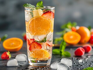 Refreshing citrus and berry mocktail served in a tall glass with mint garnish, surrounded by fresh fruit on a textured surface