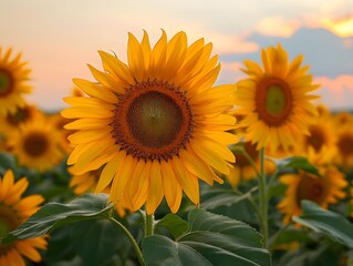 Sunflowers blooming in a vibrant field during sunset