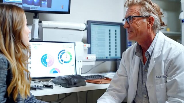 An optometrist explaining glaucoma test results to a patient, highlighting patient consultation.