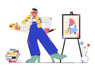 Happy artist with palette and paintbrush