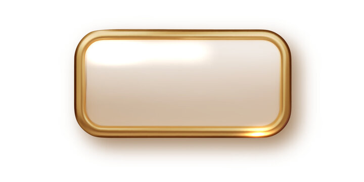Gold 3d rectangle button isolated on white background. PNG glossy golden metallic shape. 3D realistic vector shiny icon