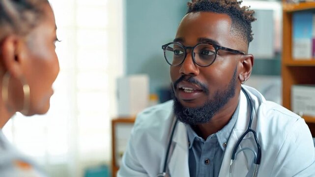 An optician explaining the results of an eye exam to a patient, showcasing patient education and.