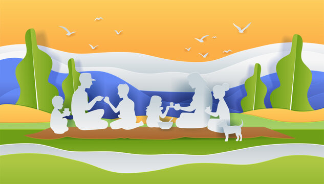Family picnic scene paper cut style silhouettes enjoying outdoor meal with dog trees birds in background vibrant colors landscape