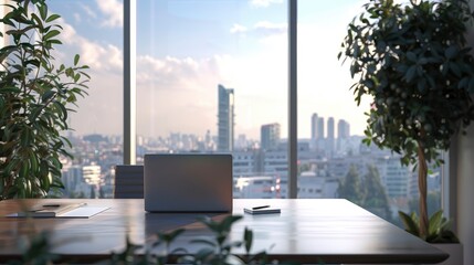 A Modern Work Table With A Laptop And Cityscape View From The Window, Showcasing A Dynamic Business Environment