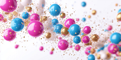 Vibrant spheres in pink, blue, and gold hues, accompanied by glittering particles, float gracefully in mid-air, creating a playful and festive abstract composition.