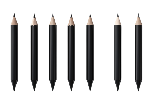 Artistic Arrangement of Black Pencils on a Minimalist White Background Captured in Natural Lighting on White or PNG Transparent Background.