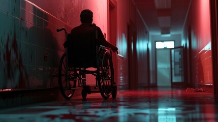 Obraz premium A Person In A Wheelchair Is Seen From The Back In A Hallway, Feeling Independent