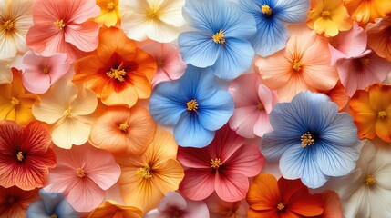 Tiny tropical flowers in bright, vibrant colors scattered on a white background, creating an exotic and lively pattern perfect for summer fashion or beachwear