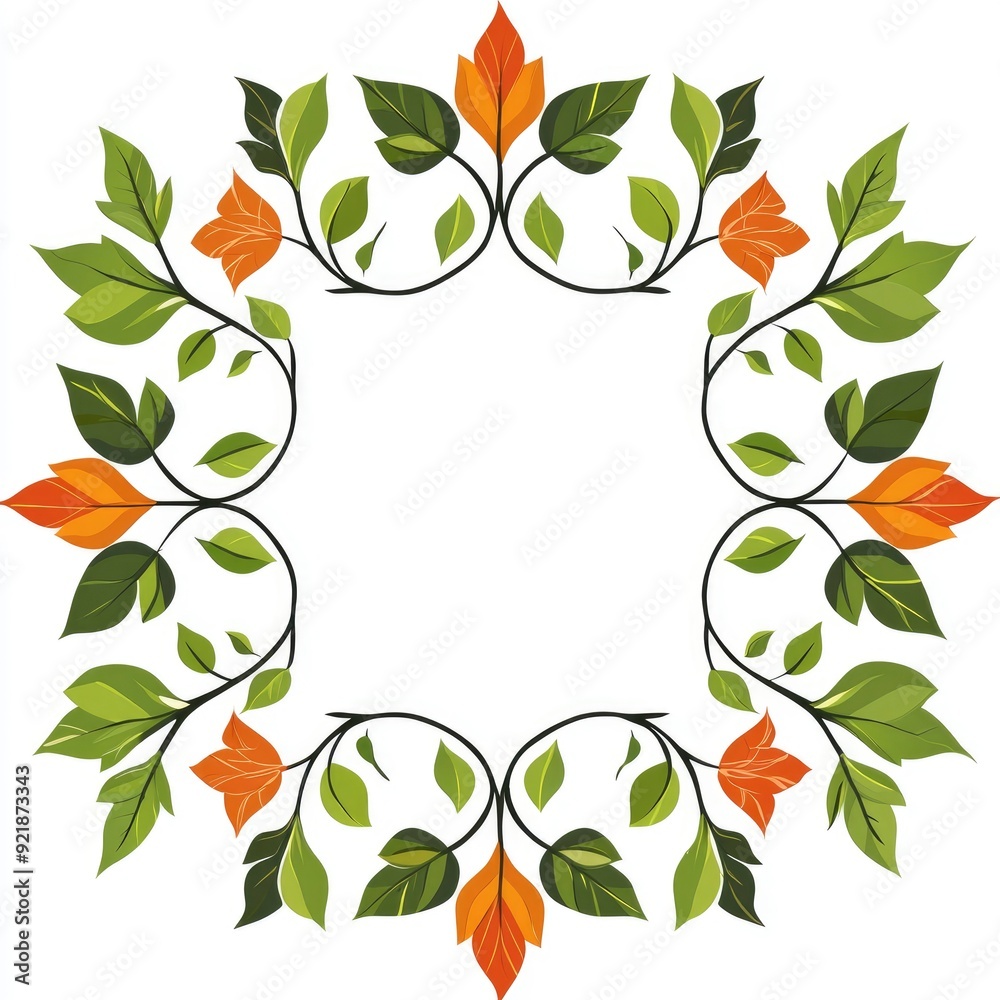 Poster floral frame border design with green leaves and orange flowers