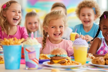 Happy children enjoying a meal together at a birthday party.