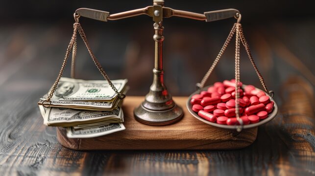 A brass scale balances a stack of cash on one side and red pills on the other, symbolizing the relationship between wealth and health decisions