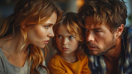 A couple engages in a serious discussion while a young child looks on thoughtfully, creating an intense family atmosphere
