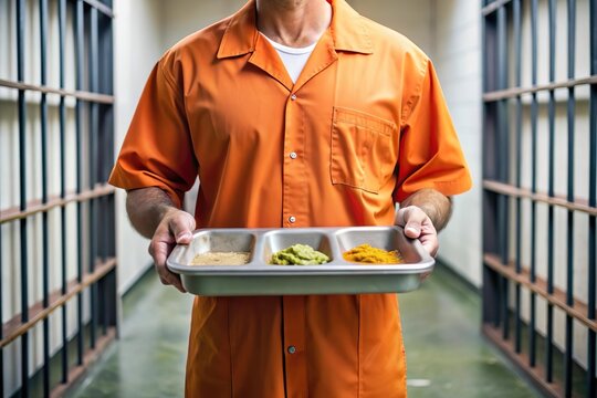 prisoner in prison orange cloth holding food tray