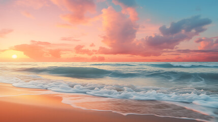 Tropical beach. Sunset on the sea waves.