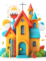 Whimsical School Building with Art Supplies on Dreamy Background   Academic  Creative Education Concept