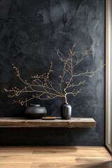 Dark minimalistic wall with a wood floor an empty pot