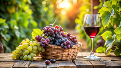 Fototapeta premium Fresh Grapes, Wine Glass, and Sunlit Vineyard.