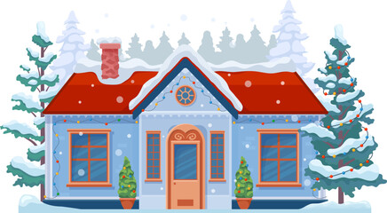 Cartoon Christmas winter house facade exterior. Snowy home building. Isolated vector cottage with twinkling lights, potted pine trees and snow-draped roof. Cozy welcoming mansion exudes festive spirit