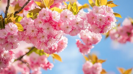 A beautiful cherry blossom tree in full bloom, with delicate pink flowers contrasting against a bright blue sky